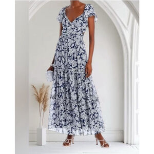 Aqua Floral Ruffled Cutout Maxi Dress Large Gold Metallic Thread Bohemian Party